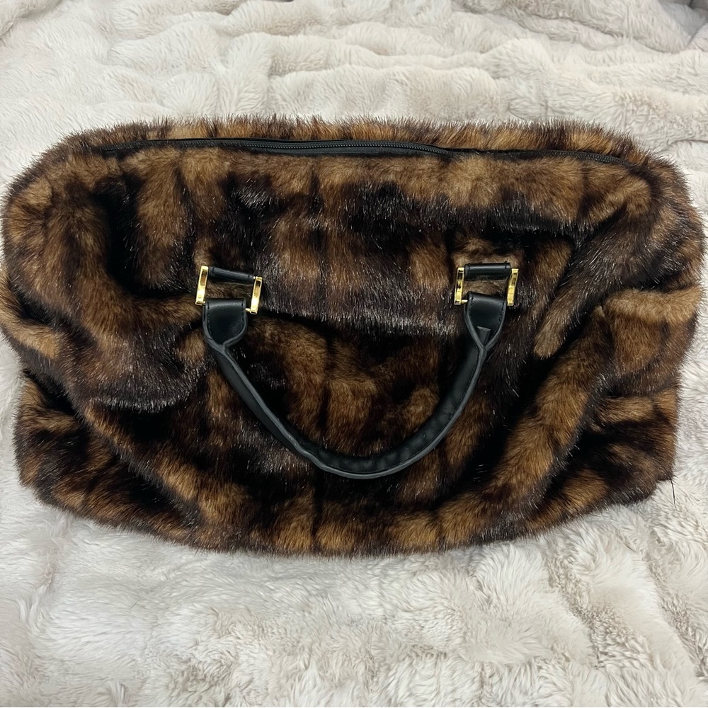 Dennis Basso Faux Fur Tote - Rich Brown and Black Carryon